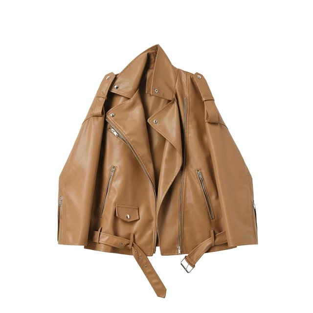 -Chaqueta de cuero sintético para mujer, abrigo holgado con cremallera y cinturón, prenda de vestir elegante para primavera y otoño