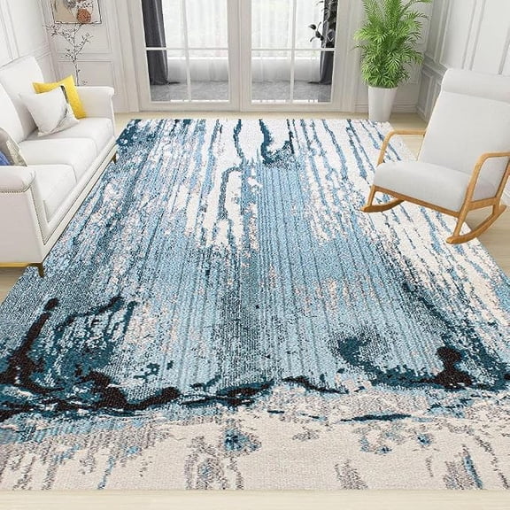 Blue Stripes Area Rug for Living Room, Modern Abstract Distressed Non Slip Rug for Bedroom Dinig Room, Low-Pile Kid & Pet Friendly Easy Care Print Floor Rug 4 x 6ft