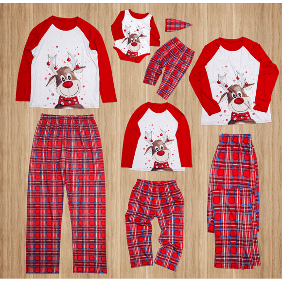 Family Christmas Matching Pajamas, Dad Mom Kid Baby Cartoon Plaid Sleepwear Homewear Sets