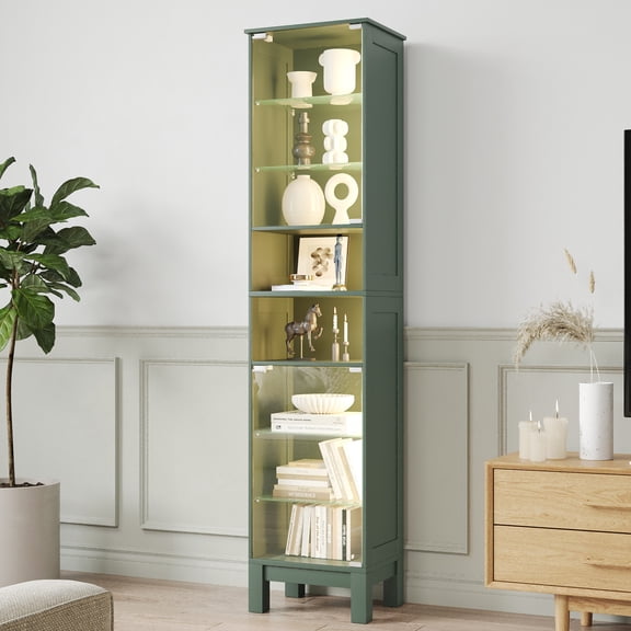 Wozkli 71" H Narrow Display Cabinet with Glass Doors & 8-Tier Shelves, Slim Curio Cabinets with LED Lights for Collectibles/Perfume, Tall Storage Cabinets for Corner, Small Space (Green)