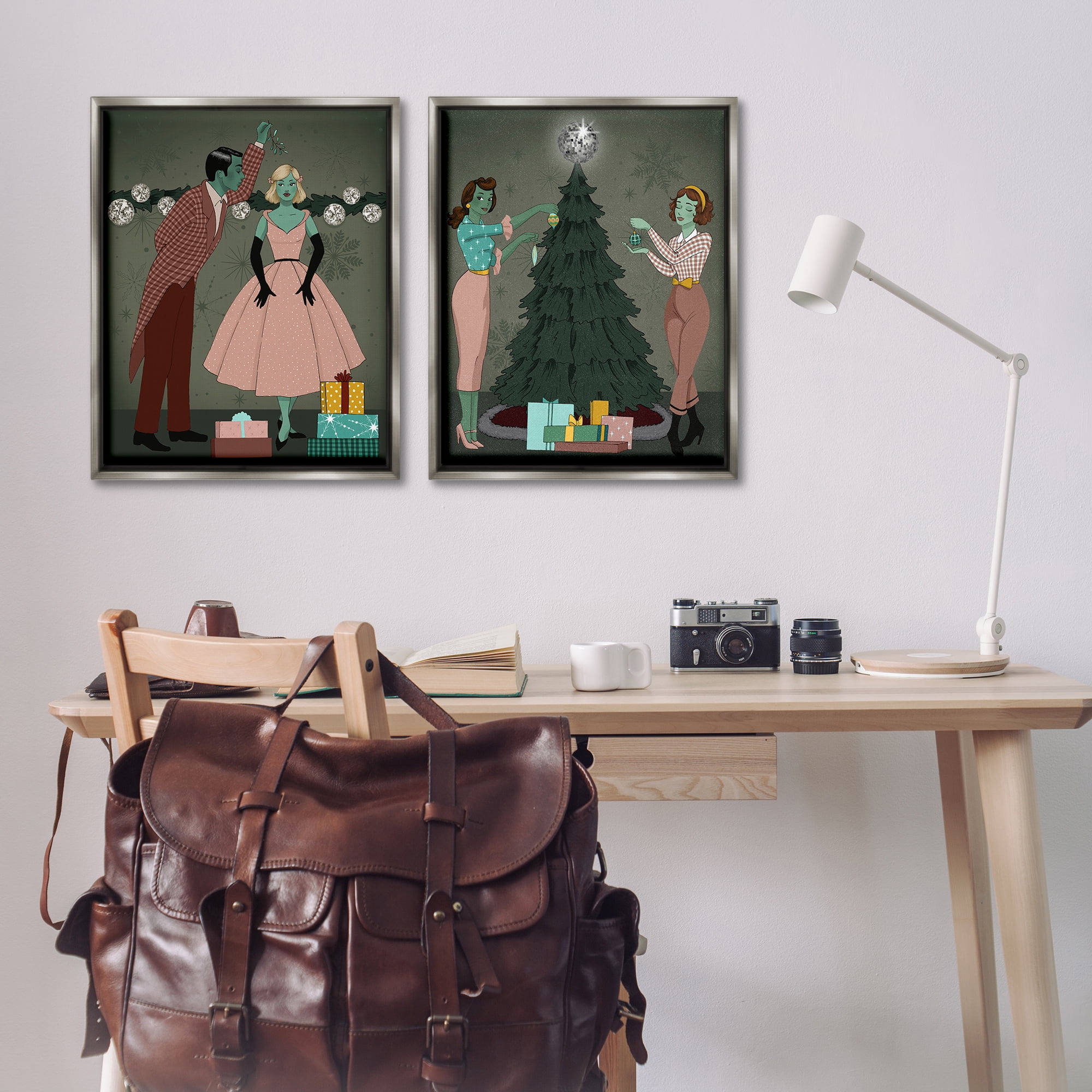 Stupell Industries Modern Festive Holiday Decorating Holiday Painting Gray Floater Framed Canvas Art Print Wall Art, 31 x 25, Set of 2