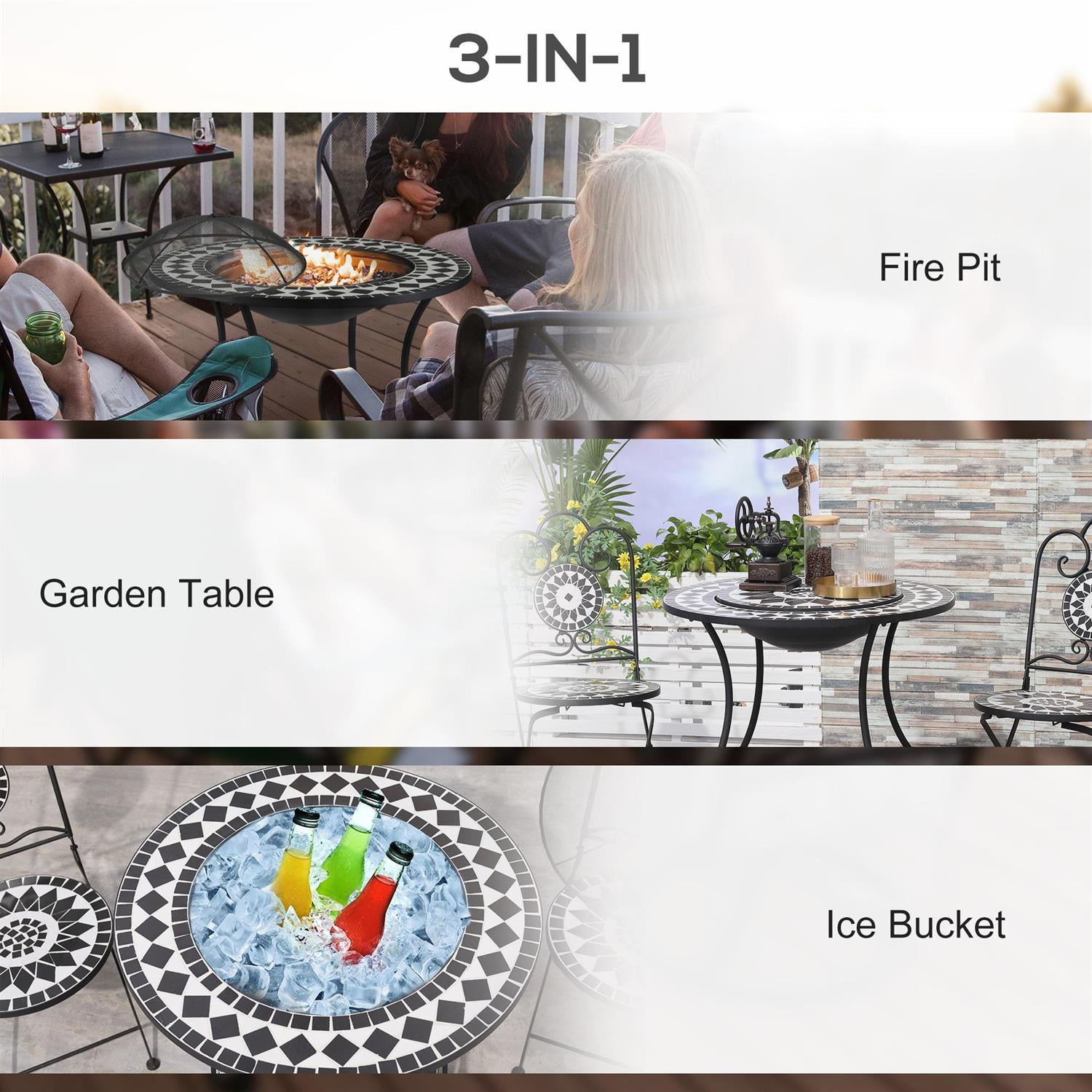 Demi Bonn 30" Outdoor Fire Pit Dining Table with Wood Burning Bowl, Patio Ice Bucket & Storage, Spark Screen for BBQ, Campfires & Outdoor Events, Black