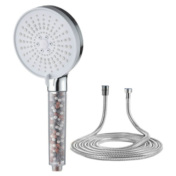 Toystoory Cabezal de ducha de cinco niveles de alta presión con ajuste de salida de agua Metales pesados Ablandamiento de agua dura Juegos de accesorios de baño Blanco plateado Con tubería de agua