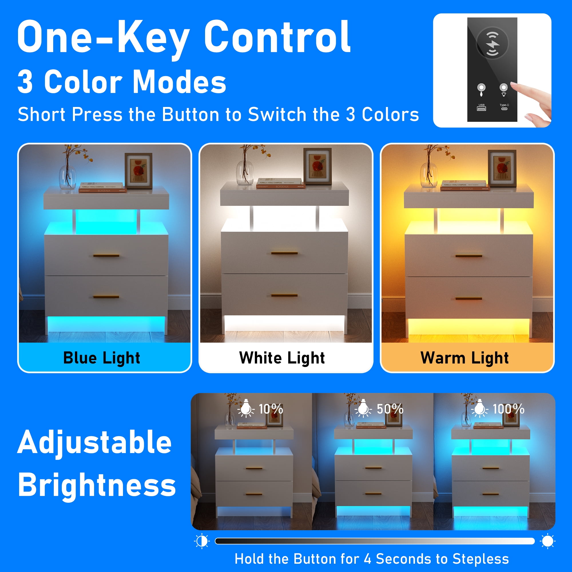 Dalattin White Nightstand with Charging Station 2 Drawers, Smart Sense End Side Table for Bedroom