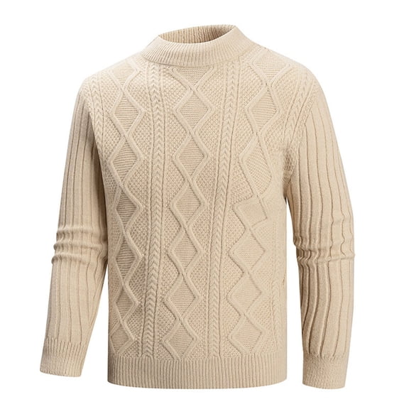QTBIUQ Sweater Mens Knitwear Mock Turtleneck Vintage Round Neck Solid Color Elastic Pullover Fleecing Texture Trend Sweater Coat Khaki