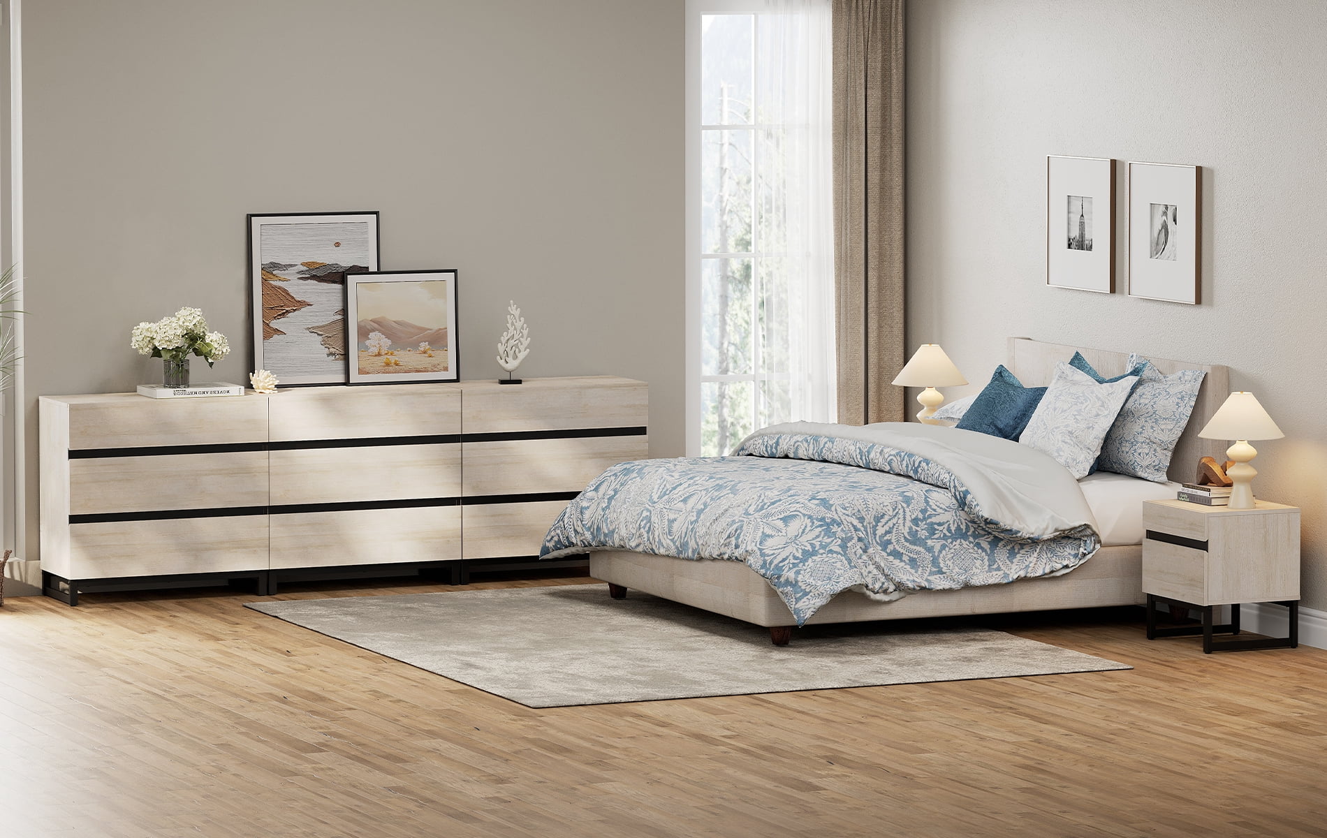 WAMPAT 3-Piece Bedroom Furniture Set, 94.5" Dresser & Chest with 6 Drawers, 2 Nightstands with 2 Drawers, Wooden Side Tables for Bedroom, Beige