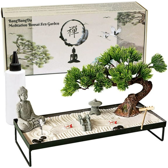 Meditation Decoration Japanese Zen Garden Home Office Bonsai Zen Garden Decor Zen Gifts for Women Man Friends Tabletop Buddha Rock Sand Zen Garden for Table Desk Altar Shrine Decor