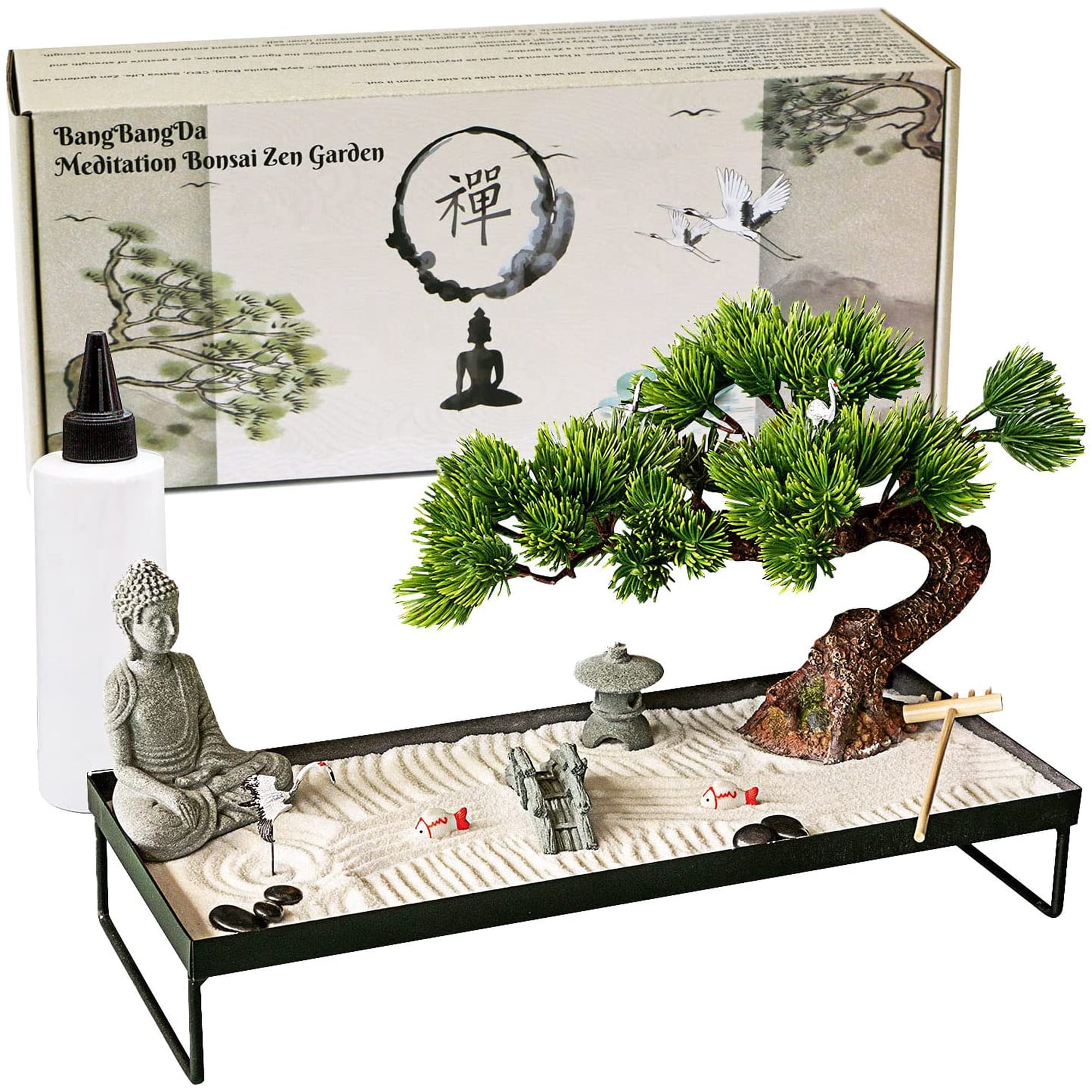 Meditation Decoration Japanese Zen Garden Home Office Bonsai Zen Garden Decor Zen Gifts for Women Man Friends Tabletop Buddha Rock Sand Zen Garden for Table Desk Altar Shrine Decor