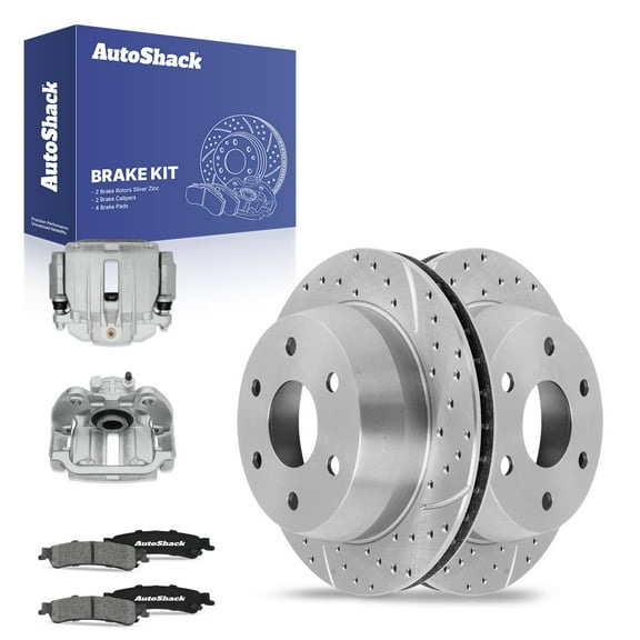 AutoShack Rear Drilled & Slotted Brake Rotors Ceramic Brake Pads Calipers | Replacement for 2002 Chevrolet Silverado 1500 2002 GMC Sierra 1500 | Silver Zinc Coated | 8-PC Brake Kit | SilverShield Pro