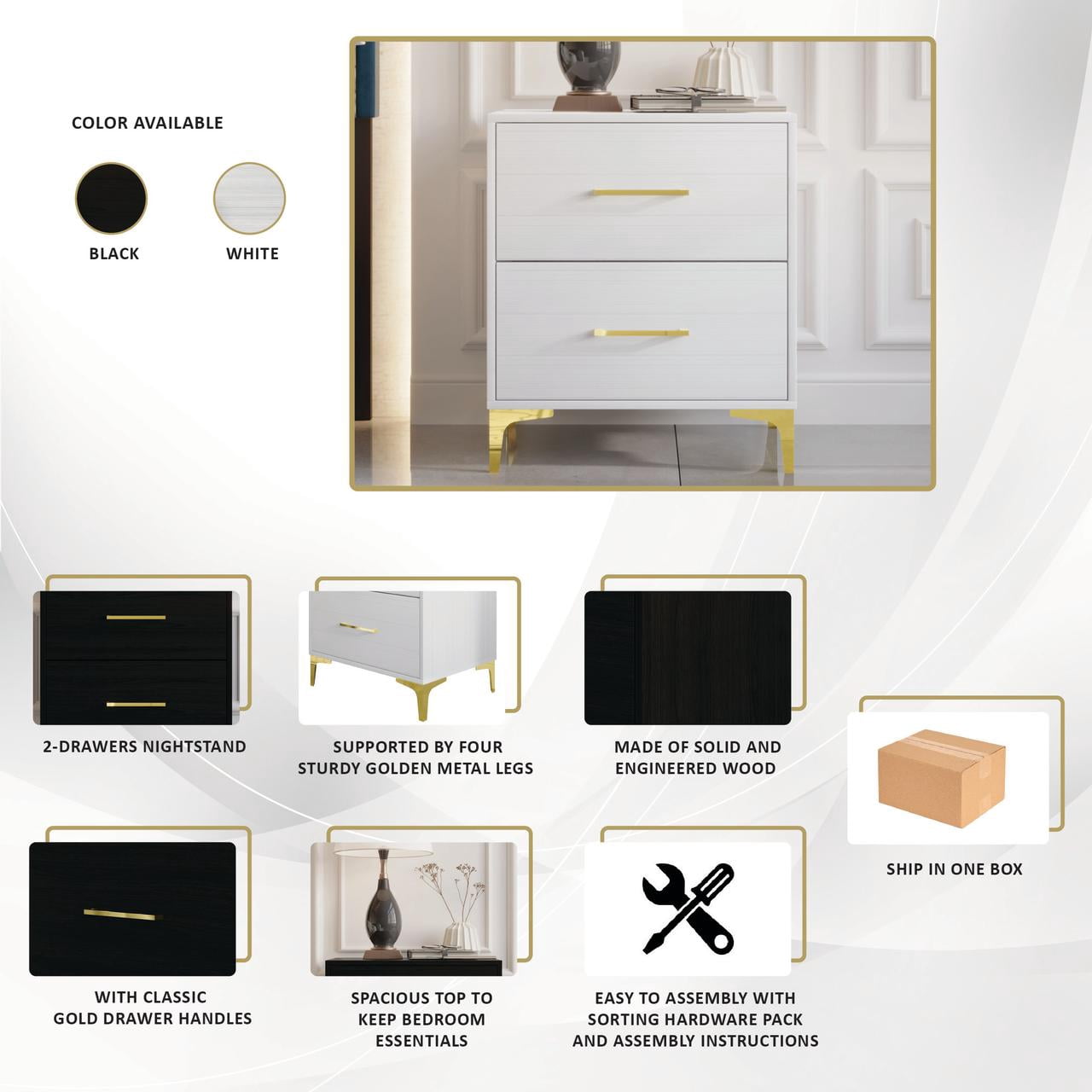Castle Place Modern Glamour 2 Drawers Nightstand, White
