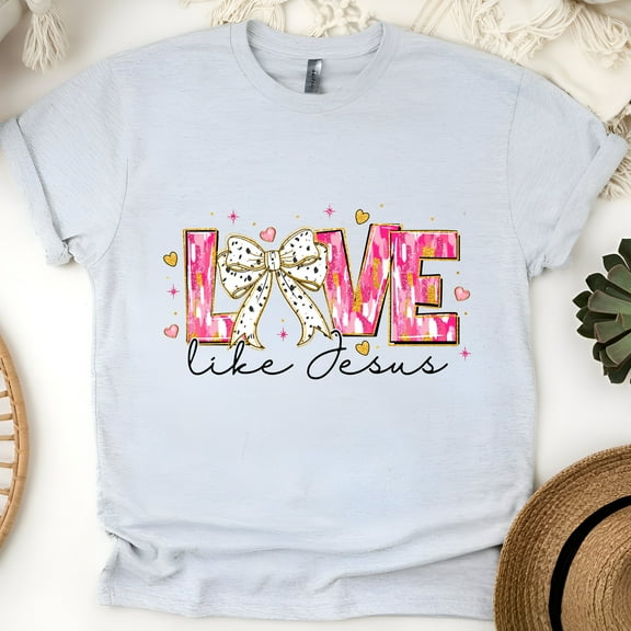 Women's Short Sleeve Graphic T-Shirt, Love Like Jesus Pink Bow Heart, Ash, Size S