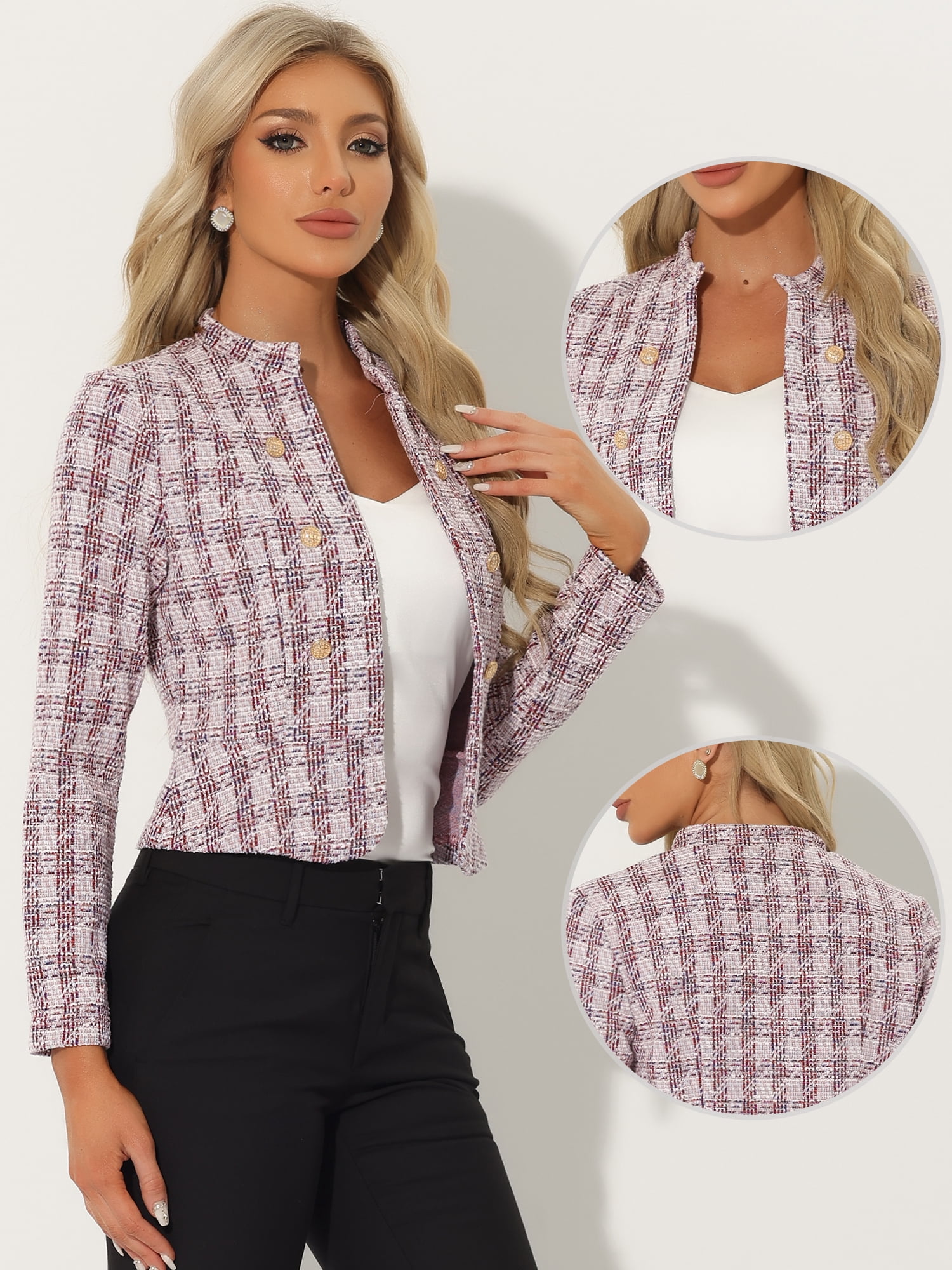 DARING DIVA Women's Elegant Stand Collar Business Plaid Tweed Blazer L Pink