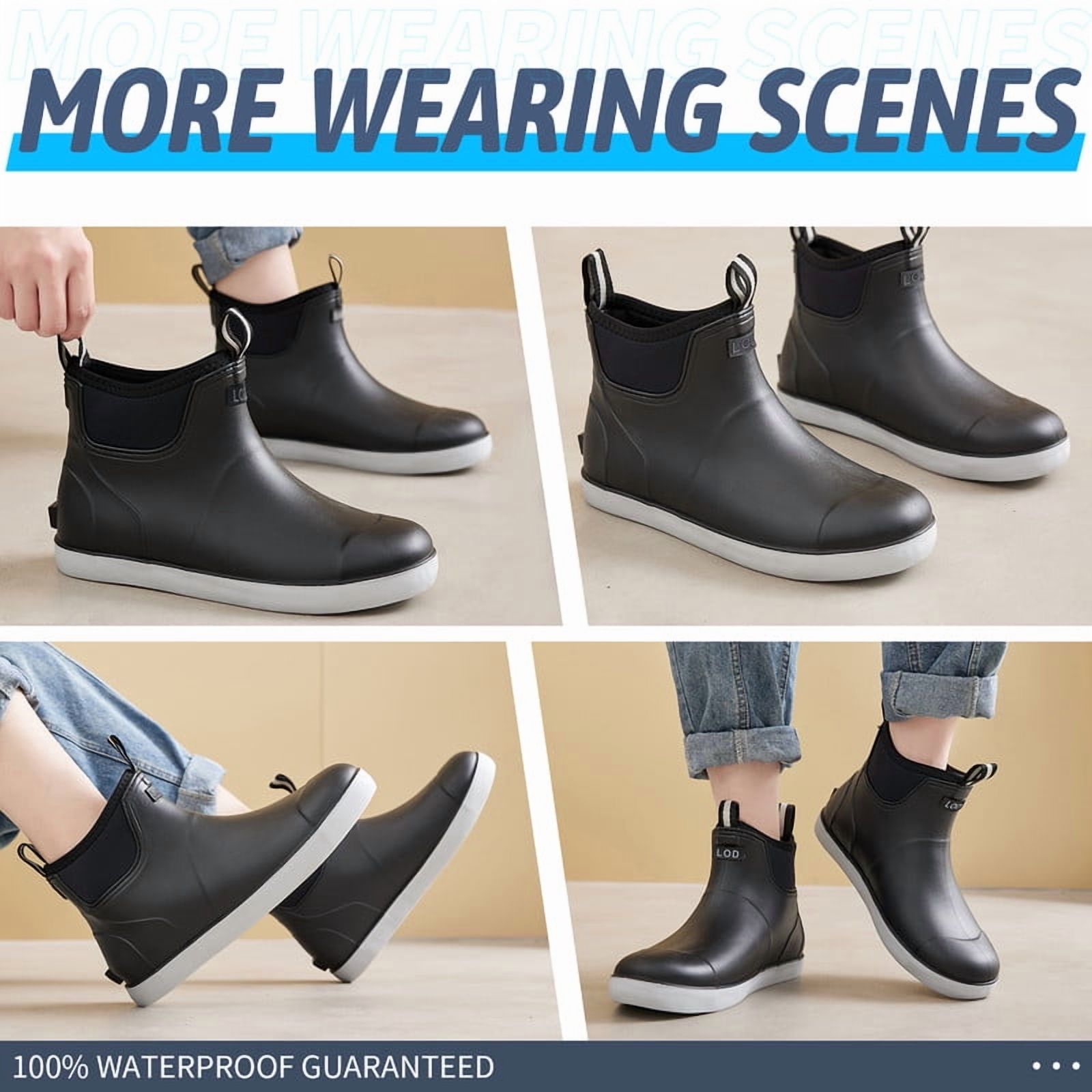 LAoutun Men's Deck Boots Waterproof Rain Boots Slip On Fishing Boots Ankle Fishing boots Black