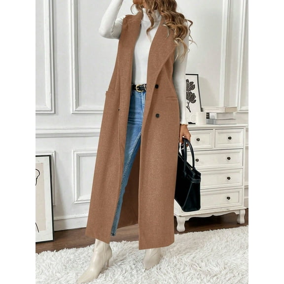 Sleeveless vest-style folding collar double-breasted single-lip pocket long ladies woolen