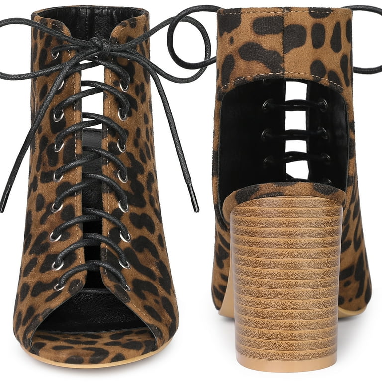 Unique Bargains Lace Up Peep Toe Slingback Chunky Heels for Women Ankle Boots Leopard 9 Walmart