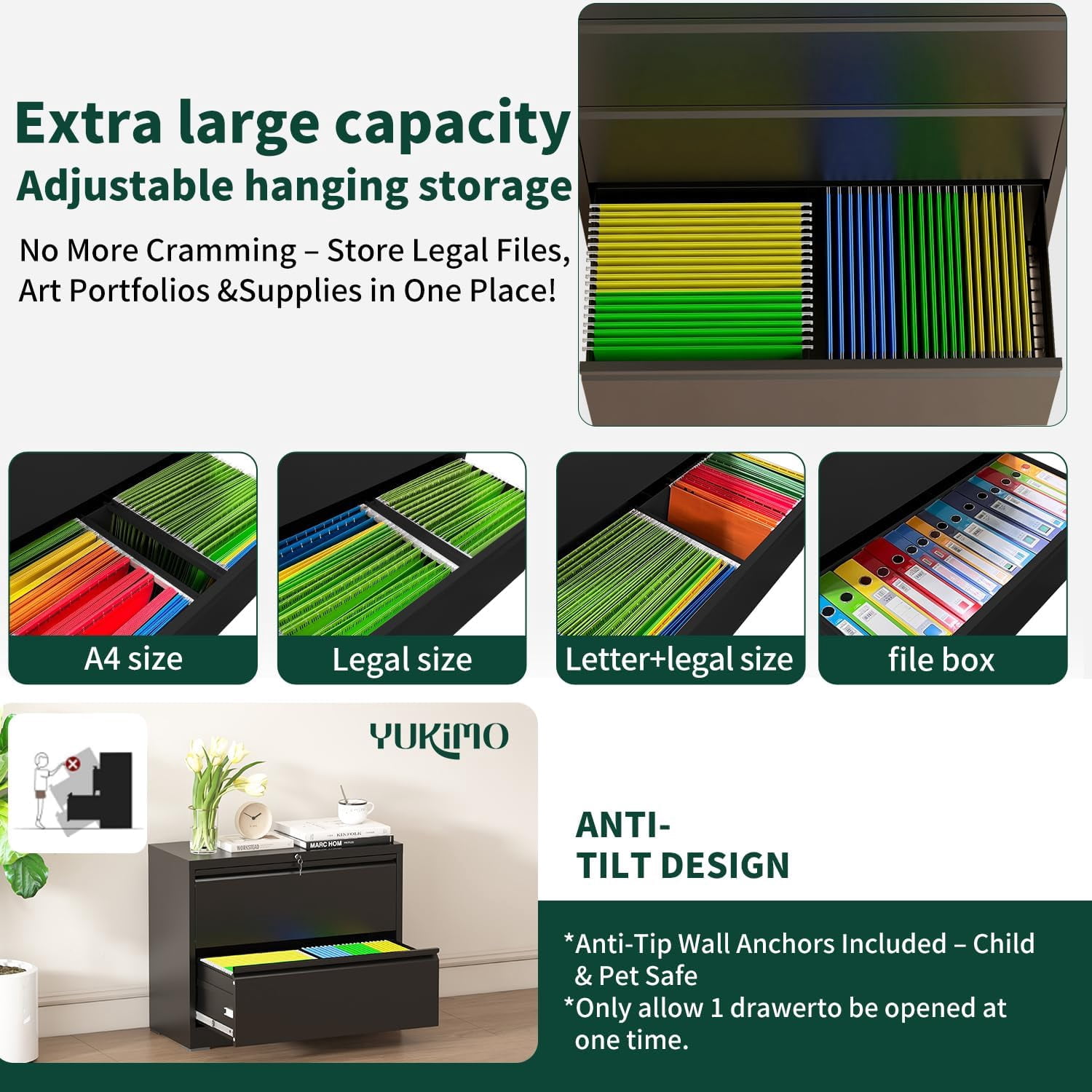 2 Drawer Lateral File Cabinet with Lock, 26.77“W File Cabinets for Home Office Legal/Letter A4 Size, File Cabinet Storage Cabinet,Require Assembly, Black