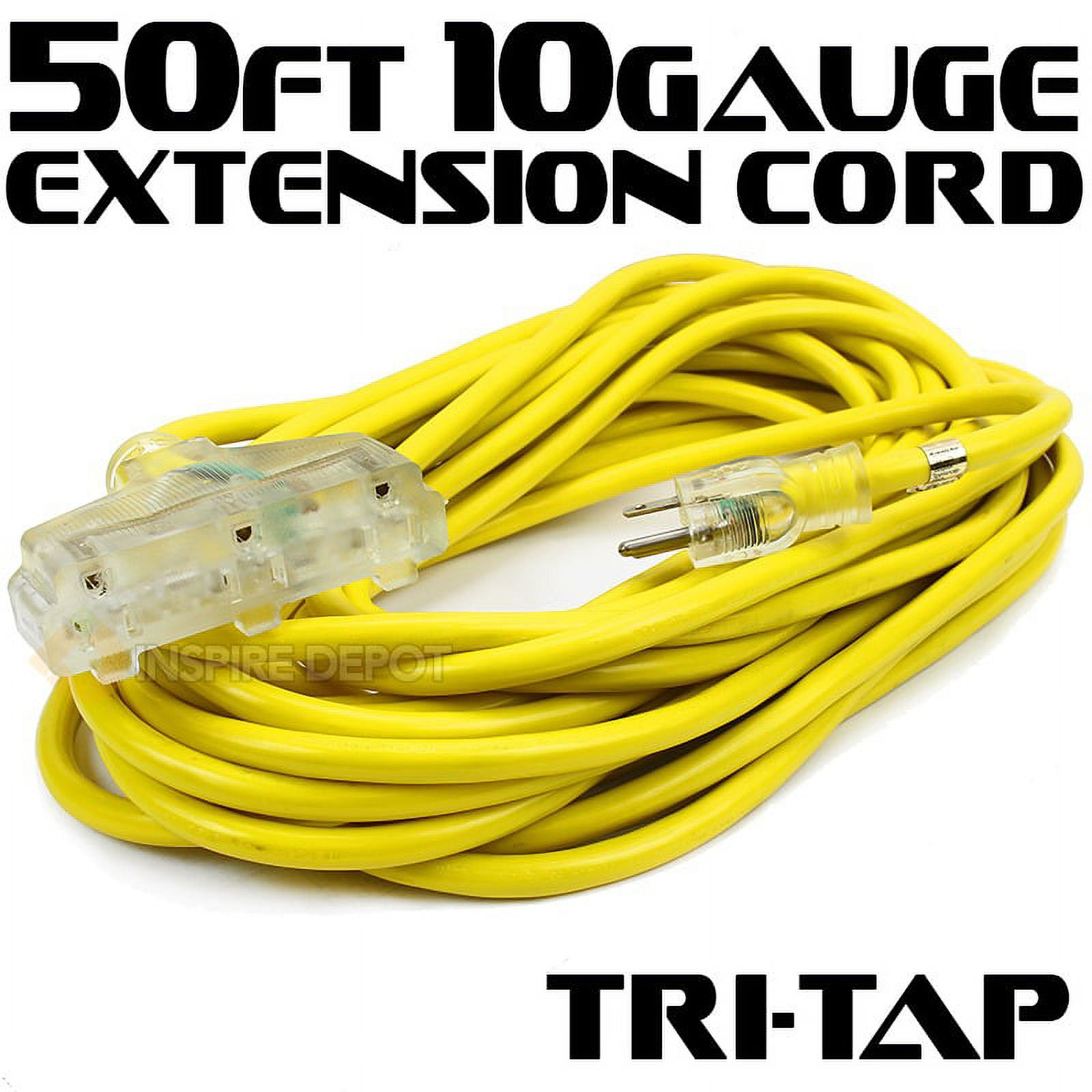 Stark USA 50ft Lighted Outdoor Extension Cord With 3 Outlets - 10/3 SJTW Heavy Duty Yellow Extension Cable Extension Cable With 3 Prong Grounded Plug for Safety, 15AMP - Great for Garden and Major Ap