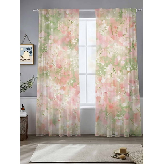 Pink Green Flower Sheer Curtains for Living Room Bedroom Watercolor Summer Botanical Sheer Curtains 108 Inch Long 2 Panels Set Light Filtering Curtain Window Treatments Drapes for Dining Room