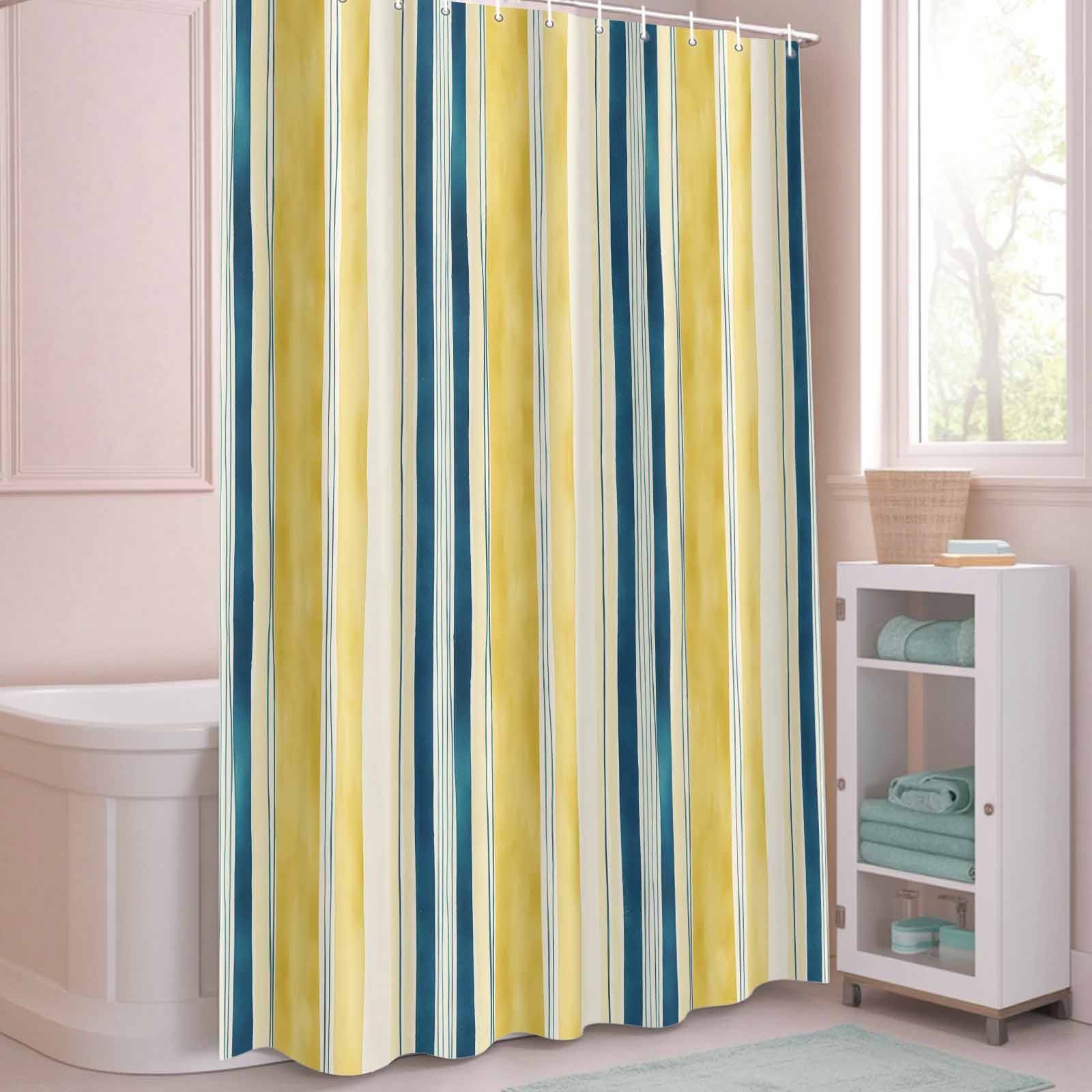 Bathroom Shower Curtain Gradient Yellow Blue Stripes Waterproof Shower Curtains with Hooks, Abstract Watercolor Line Bath Curtains Bathtub Curtain Home Decor 72x72in