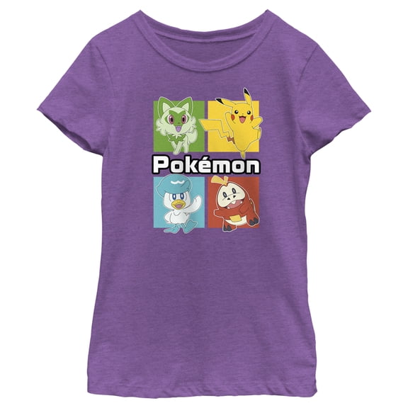 Girl's Pokemon Colorful Square Characters Graphic Tee Purple Berry Medium