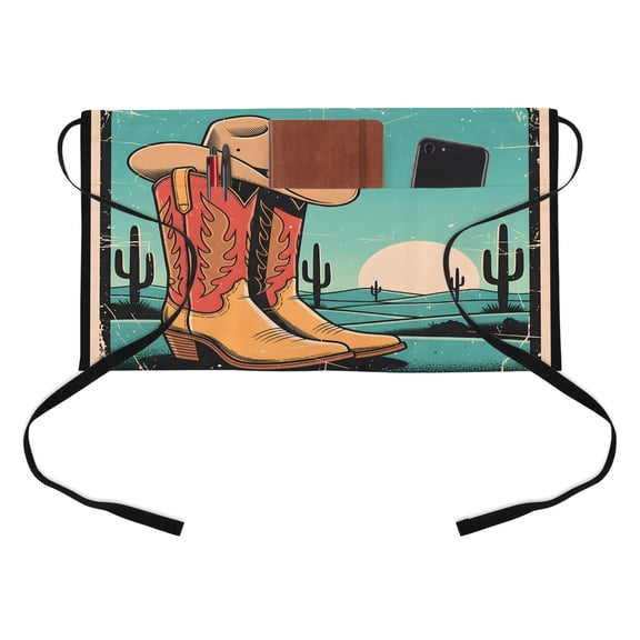 Western Cowboy Kitchen Restaurant Half Waist Apron, Cartoon Cowboy Boots Hats Tropical Cactus Sunset Teal Server Short Apron with 3 Pockets Waterproof Oil Waist Aprons for Women Waitress Waiter