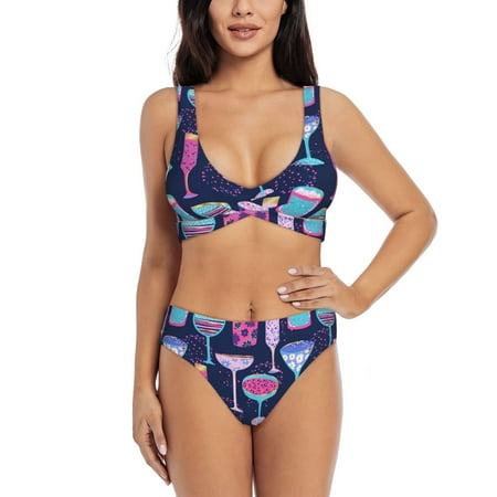 Zeuib Wine Glasses And Cocktails High Waisted Tummy Control Bikini Set - Knot Front Push Up Top & Cheeky Thong Bottom  Two-Piece Swimsuit for Women-Small