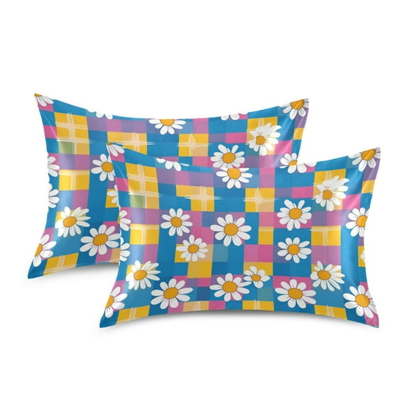 Yayeee Pillowcase Standard Size Set of 2 Satin Wrinkle Resistant Pillow Case, Blue Checkered Daisy
