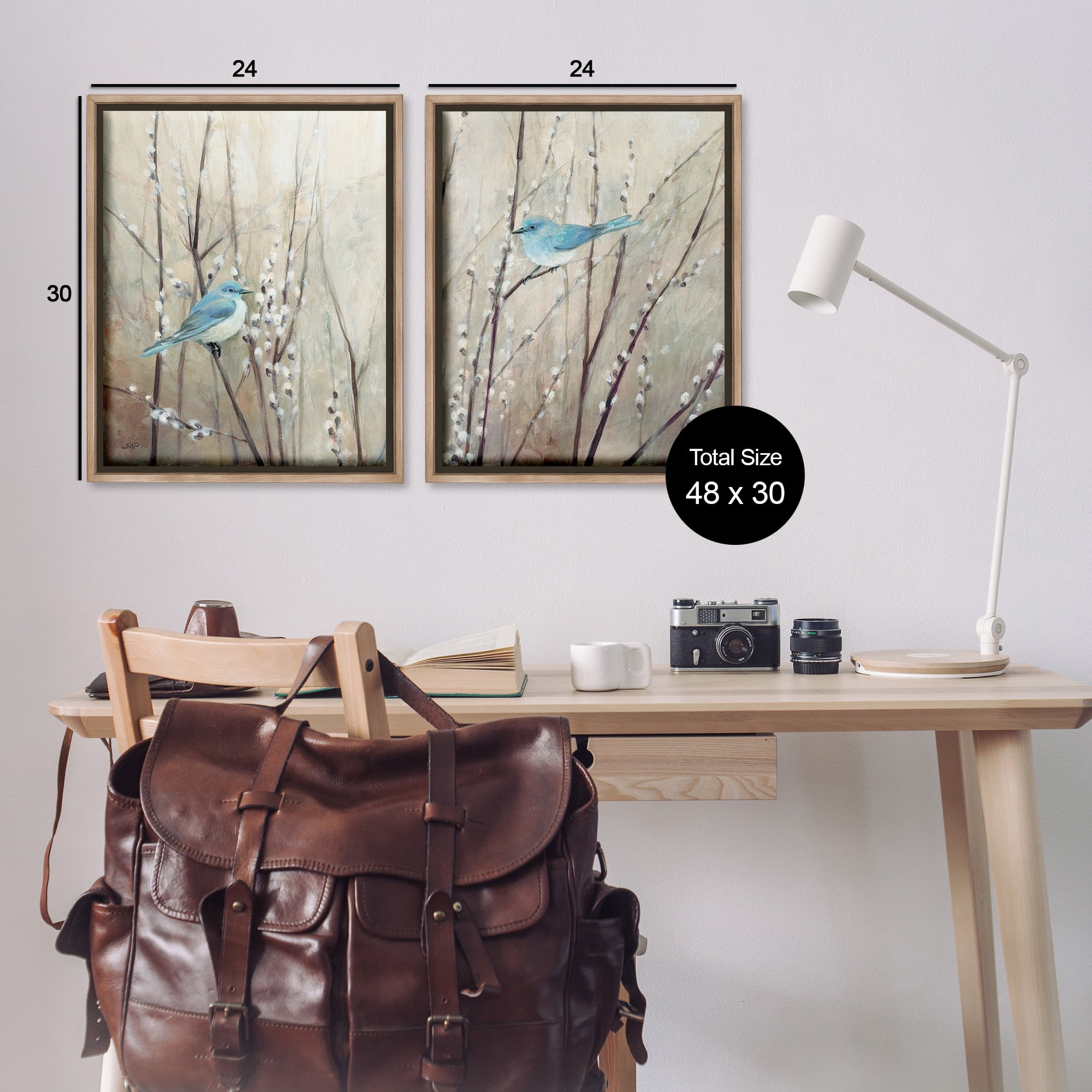 Stupell Industries Peaceful Perched Blue Birds Animals & Insects Painting Brown Floater Framed Canvas Art Print Wall Art, 25 x 31, Set of 2
