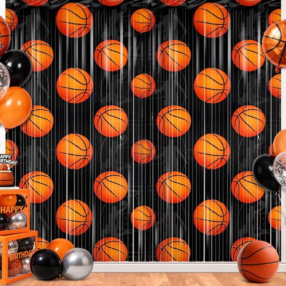 Sinekong 2 Pack Basketball Party Decorations, 3.3 x 6.6 ft Basketball Foil Fringe Curtains, Black and Orange Photo Backdrop for Sports Party Birthday Race Day