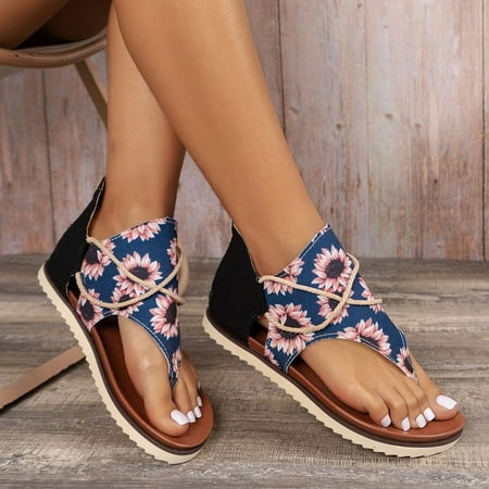 

Women s Sunflower Printed Flat Sandals Open Toe Back Zipper Thong Canvas Shoes Casual Anti-skid Sandals-142