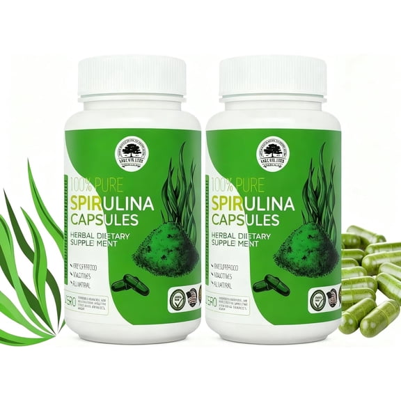 2 Bottles Spirulina Capsules, Premium Spirulina Supplement, Supports Immune System, Healthy Heart, Vegan 480 Capsules