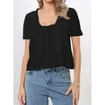 thumbnail image 4 of Women Tie Front Lace Trim Top Sheer Short Sleeve Scoop Neck Button Shirt Y2k Ruffle Flowy Boho Crop Tops Black S, 4 of 8