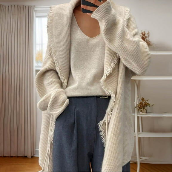 Wancir Women's Open Front Cardigan Sweaters Shawl Neck Long Sleeve Ruffle Chunky Ribbed Knit Sweater Long Jacket Coat