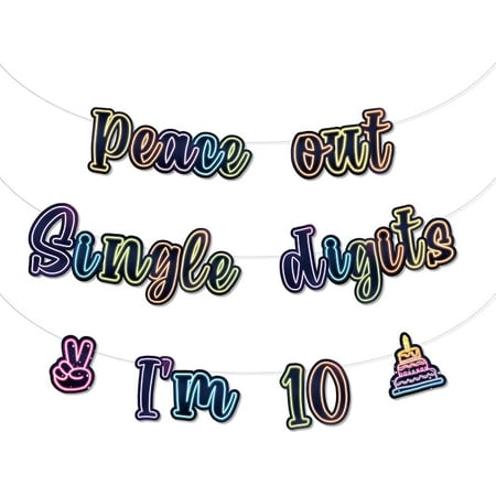Peace Out Single Digits I'm 10 Banner for Girls and Boys, Neon Retro 80s 90s Banner for 10 Year Old Birthday Decoration, Happy Tenth Bday Party Supplies
