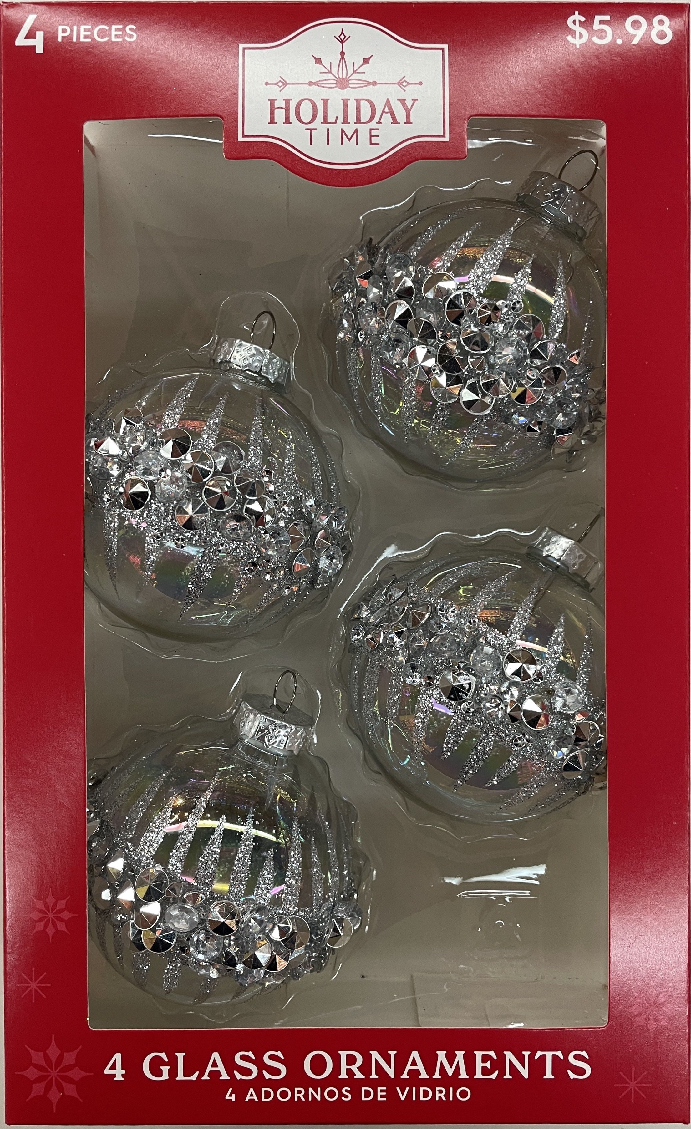 Holiday Time Christmas Silver Assortment Glass Ball Ornaments, 4 count, 65mm, Boxed Glass, Silver/Clear