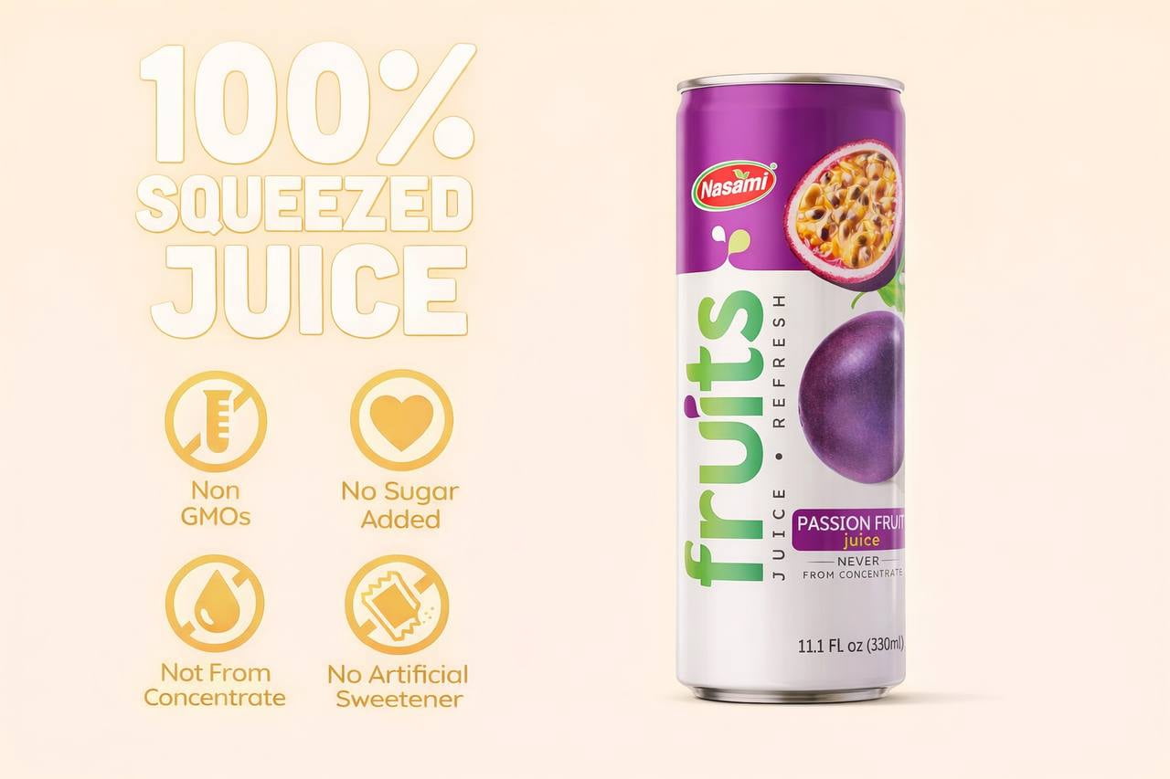 NASAMI Passion Fruit Juice Drink 100% Fruit, No Sugar Added, Tropical Beverage, 11.1 fl oz Cans, Ready to Drink, 24 Pack
