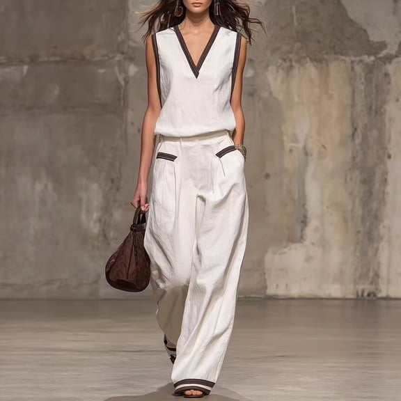 Women's Solid White V-Neck 3/4 Sleeve Irregular Hem Linen Blend Two-Piece Casual Set Loose Tunic & Elastic High Waist Wide Leg Pants