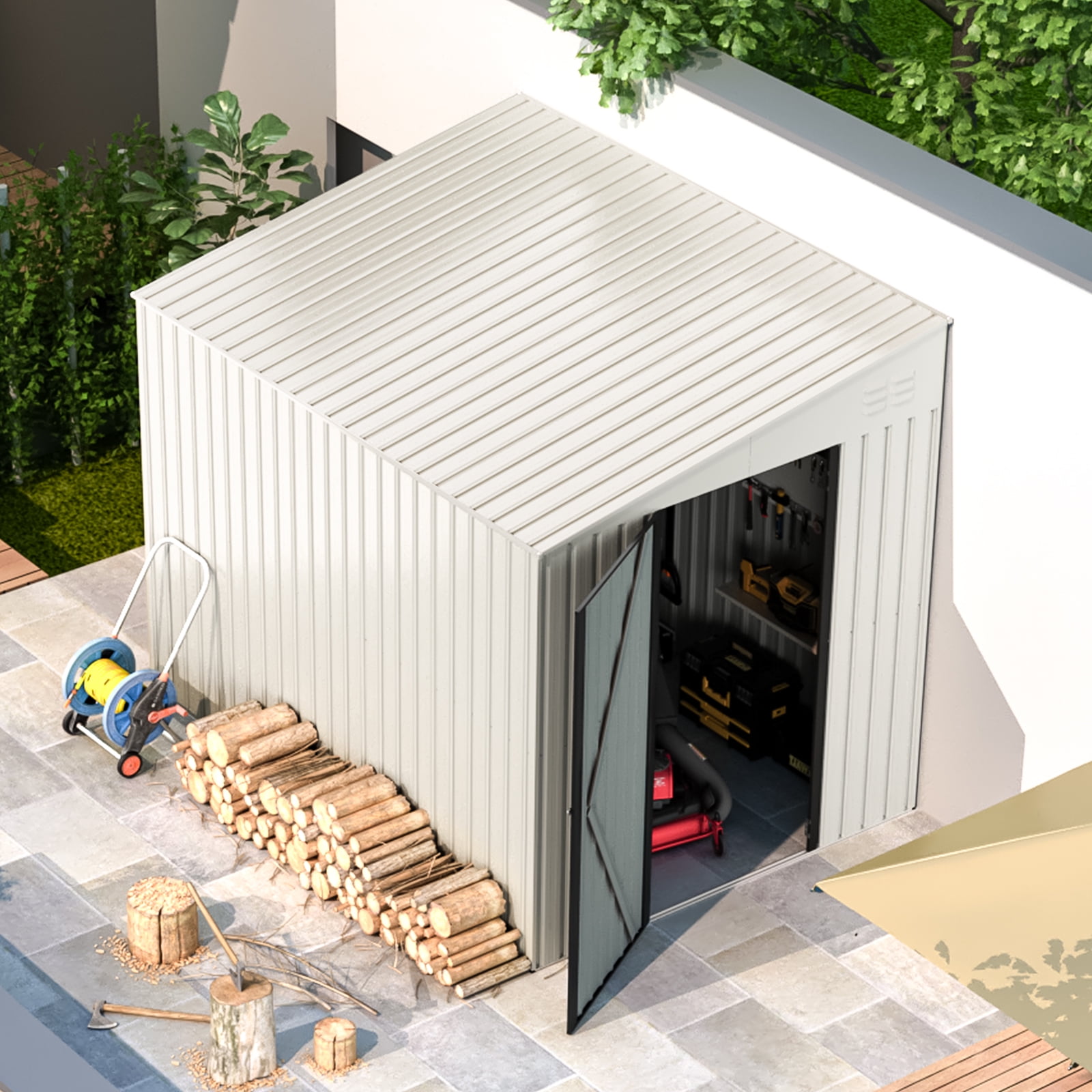 YODOLLA 8' x 6' Outdoor Storage Side Shed Metal Attached Lean-To Shed with Lockable Door for Backyard in White