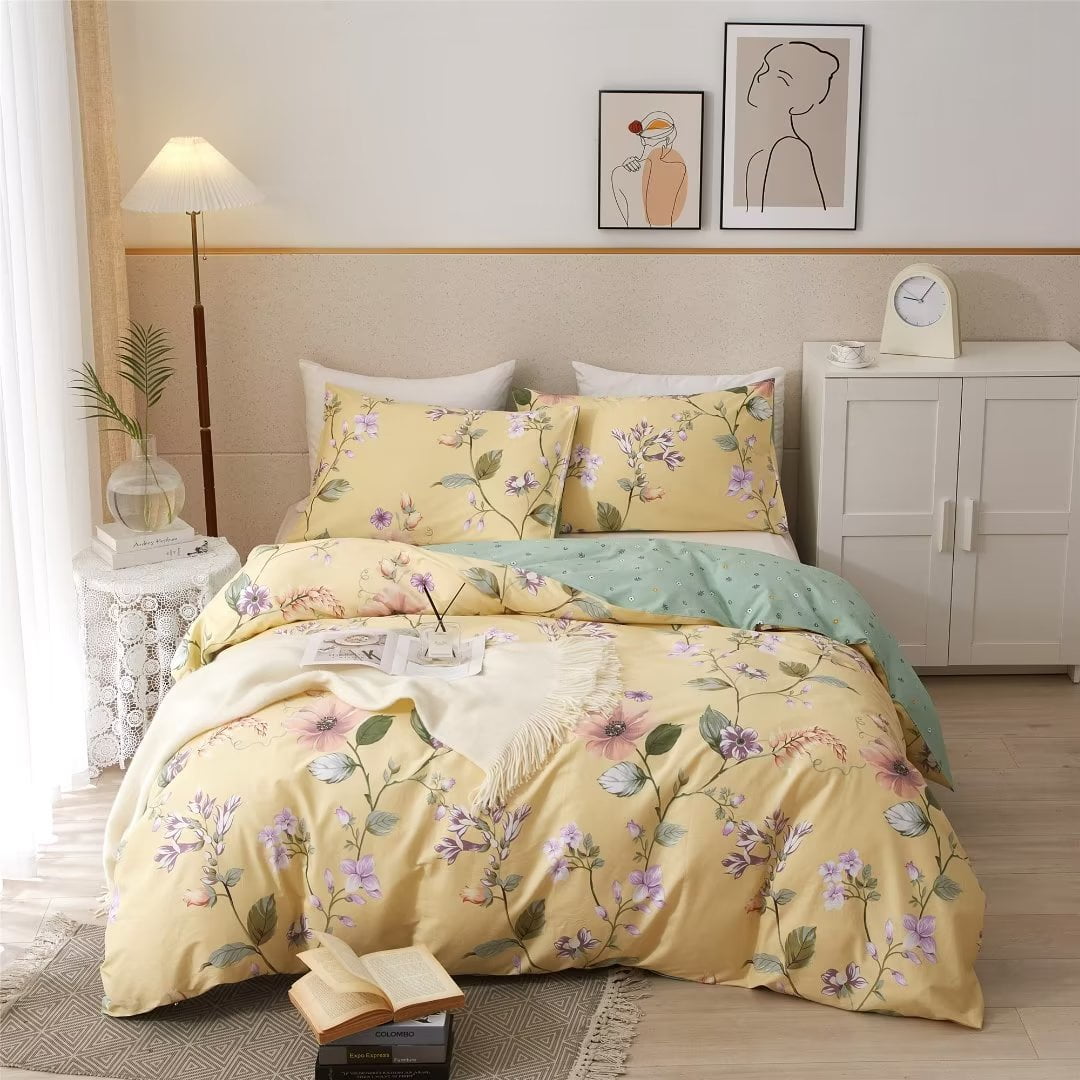PinkMemory Garden Floral Duvet Cover King Cotton,Vintage Yellow Flower