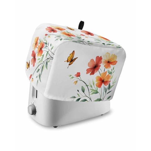 Fsddascl Orange Red Flowers Small Toaster Cover 2 Slice, Kitchen Appliance Covers, Watercolor Rustic Pastoral Botanical Toaster Oven Cover with Loop, Bread Machine Cover Polyester Dust Cover