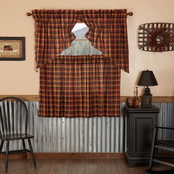 VHC Brands Heritage Farms 4 PC Deep Burgundy Curtain Set (2 Prairie Swag 36x18 and 2 Tier 36x36)
