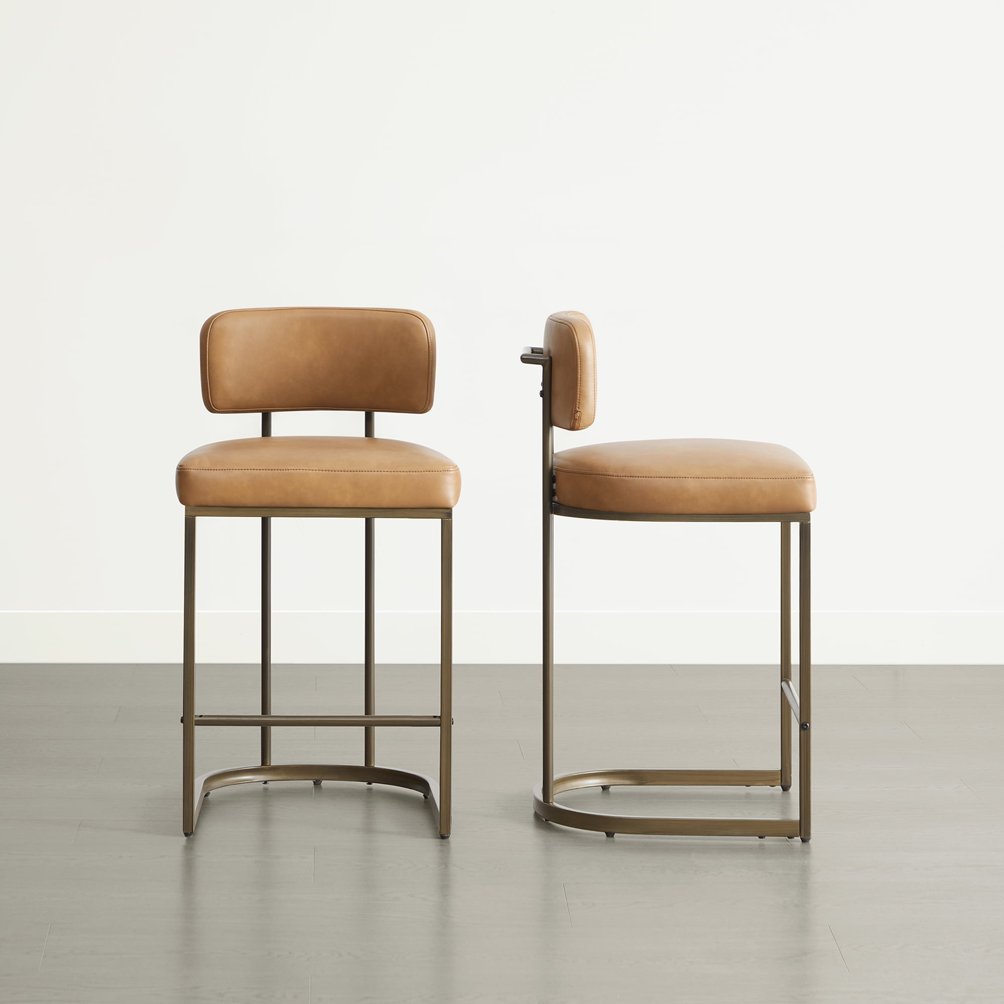 Spruce & Spring Modern 26-Inch Counter Bar Stool Set with Brass Frame Set of 2, Brown with Brass Frame