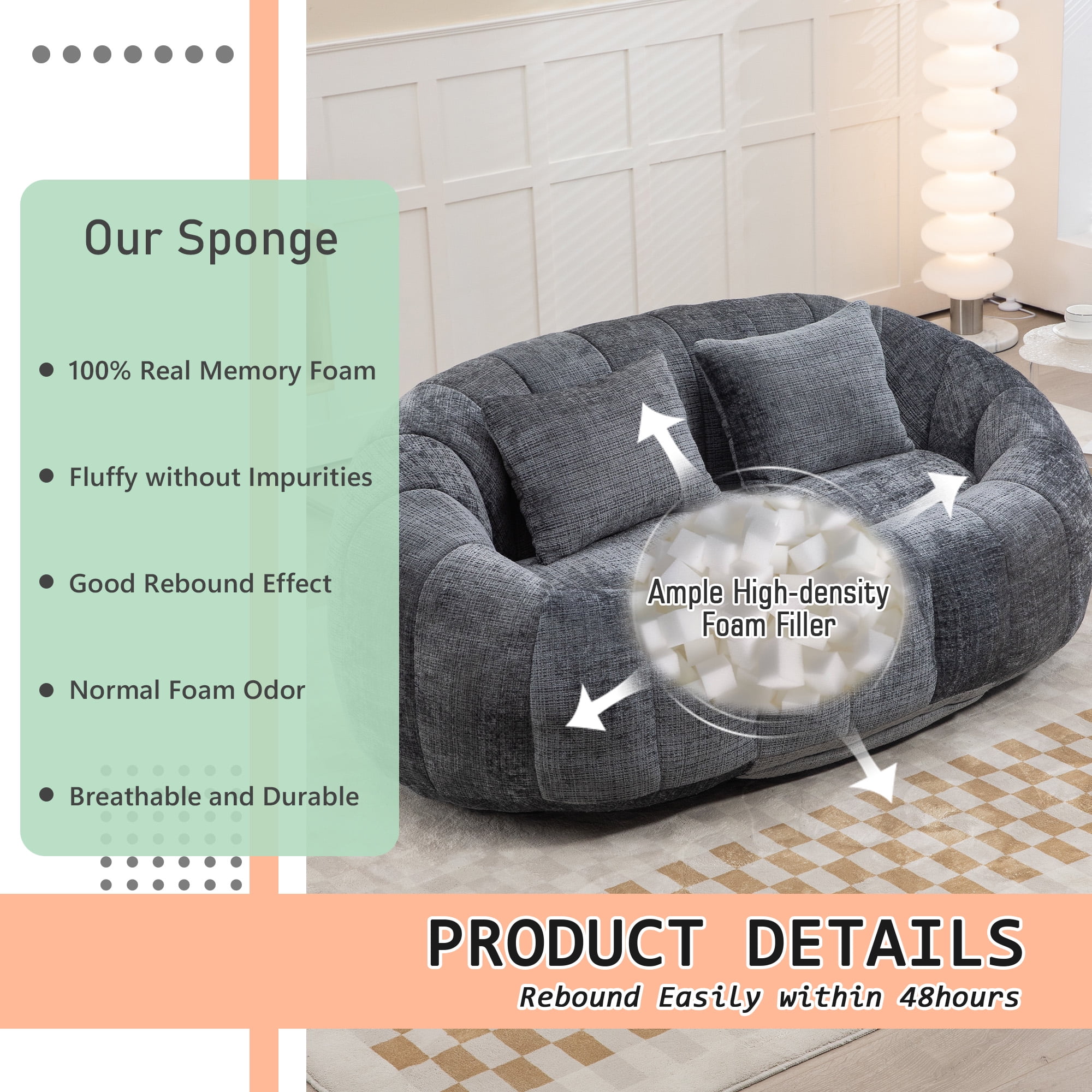 MOONMISS Chenille Durable Comfort Lounger High Back Bean Bag loveseat Lazy Sofa-Gray