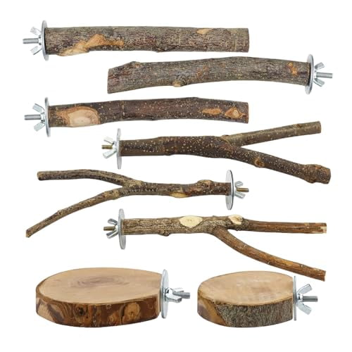 8-Piece Set Natural Wood Bird Perches - Wooden Parrot Stand with Fork Toys,Hanging Multi-Branch Platform,Hammock Swing - Suitable for Parakeets,Budgies - Durable Pet Bird Accessories