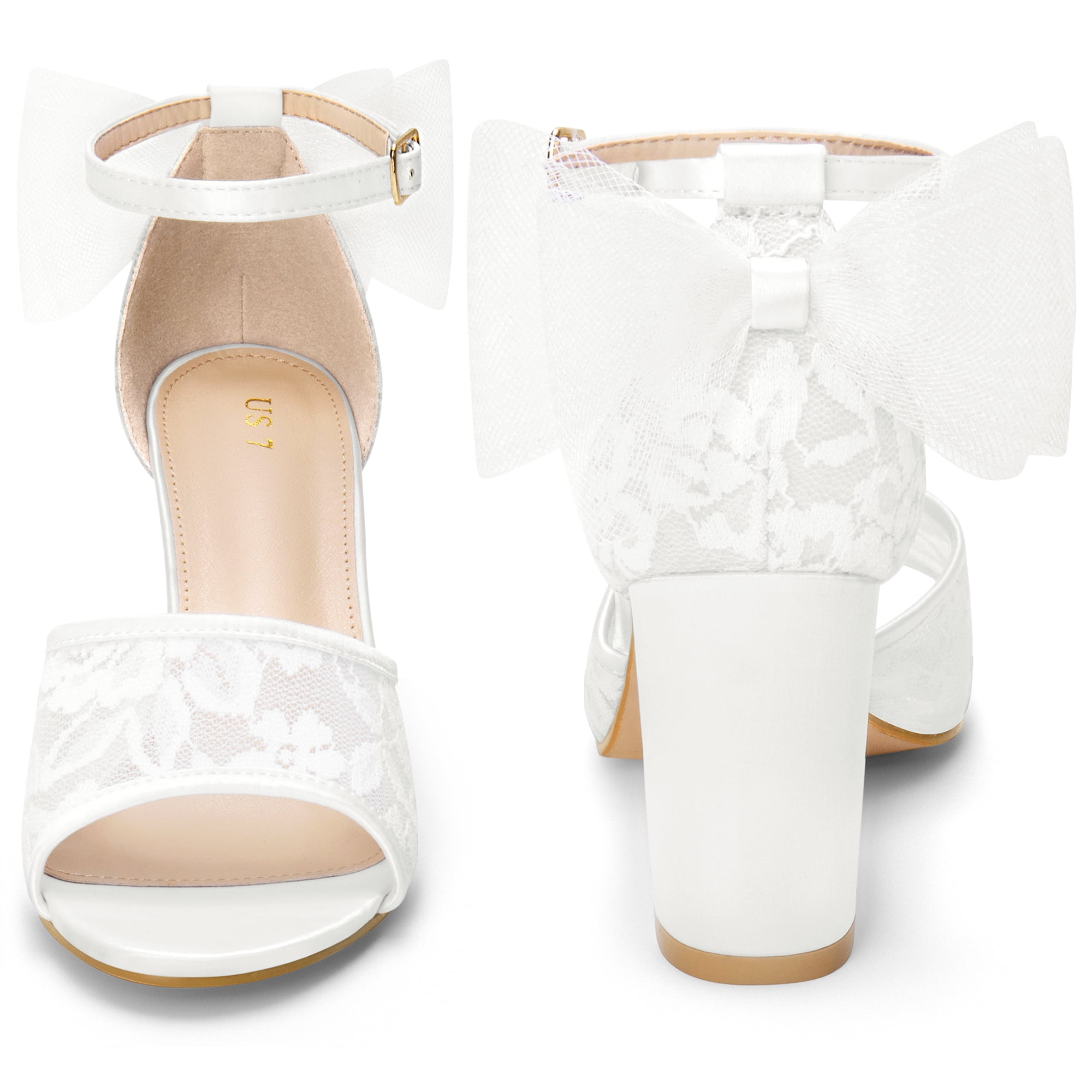 DARING DIVA Lace Open Toe Bow Ankle Strap Block Heel Sandals for Women White 8.5