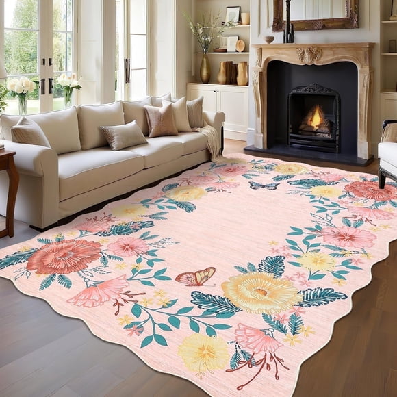 Garvee 9'x12' Floral Area Rugs, Washable Boho Rugs Ultra Soft Print Carpet, Non-Slip Low Pile Rug Stain Resistant Distressed Indoor Rugs for Living Room Bedroom Dining Room, Pink