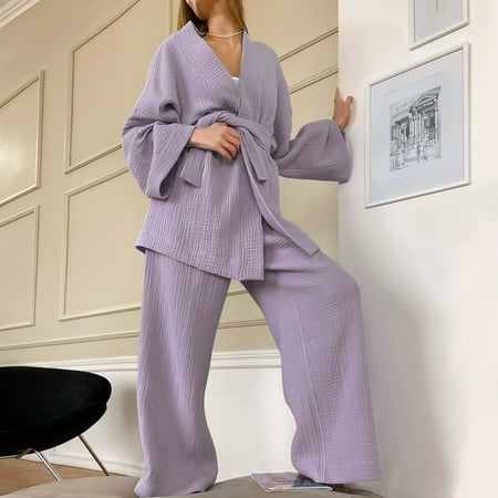 

Pajamas For Women Long Sleeved Loose Rousers Crepe Solid Color Nightgown Housewear Pajama Suit Womens Pajama Sets Womens Fall Fashion 2022