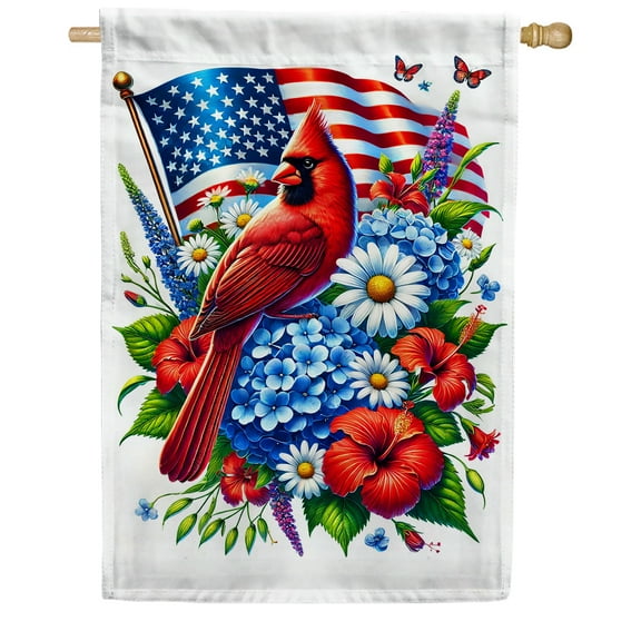 America Forever cardinal patriotic House flag, 28 x 40 inch Double Sided, American Flag House Flag, Spring Flower Red Cardinal Banner, Spring Summer Seasonal Outdoor Decorative for Lawn