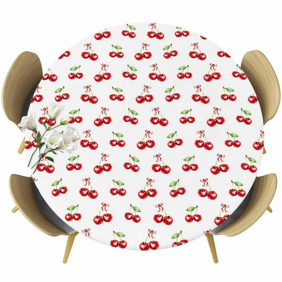 Cherry Farmhouse Round Tablecloth 36-44 Inch Round Fitted Table Cloth with Elastic Edge, Pastoral Botanical Watercolor Waterproof Table Cover Protector for Outdoor Picnic Party Dining