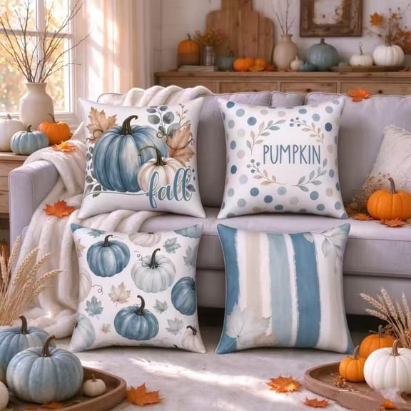 DaShan Fall Thanksgiving Throw Pillow Covers 18x18 Set of 4,Blue Pumpkin Leaves Pillow Cases for Bedroom Sofa Couch